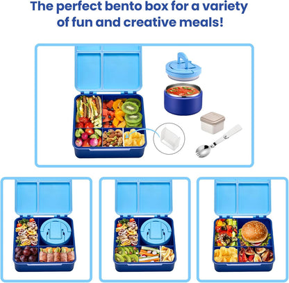 Bento Lunch Box with 8oz Soup Thermo,Kids Leakproof 4 Compartment Lunch Food Containers with Sauce Cup and Ice Pack,Kids Thermo Insulated Hot Food Jar and Lunch Bag for School,Trvael-Black