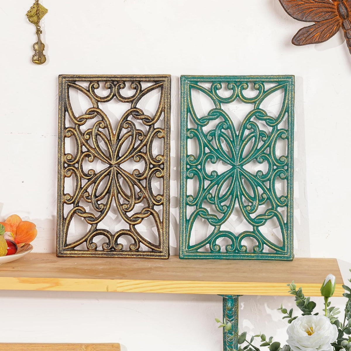 Sungmor 2 Pack Gold Cast Iron Trivets, Rectangle Ornate Scrollwork Trivets