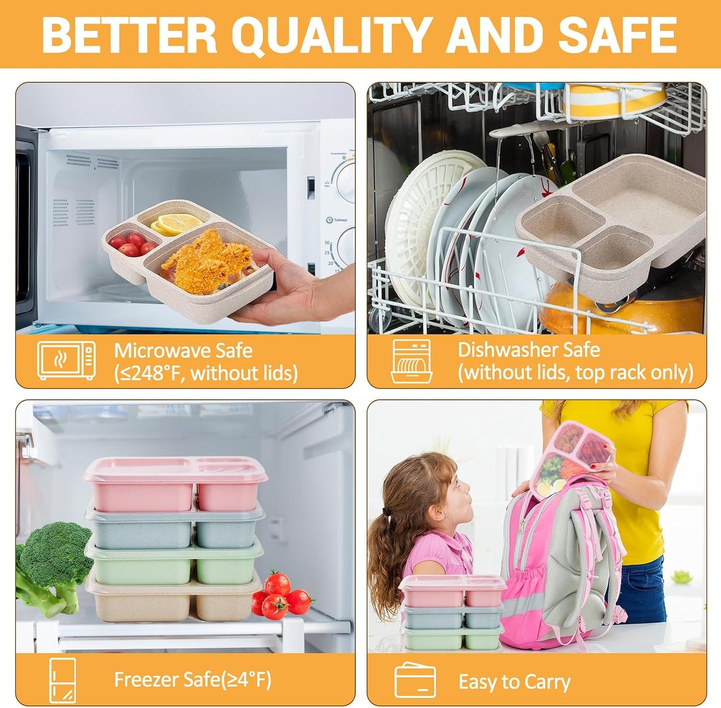 4 Pack Bento Box for Adults, 3-Compartment Wheat Straw Food Storage Containers, Meal Prep Lunch Box Microwave and Dishwasher Safe, Suitable for Office and Outdoor