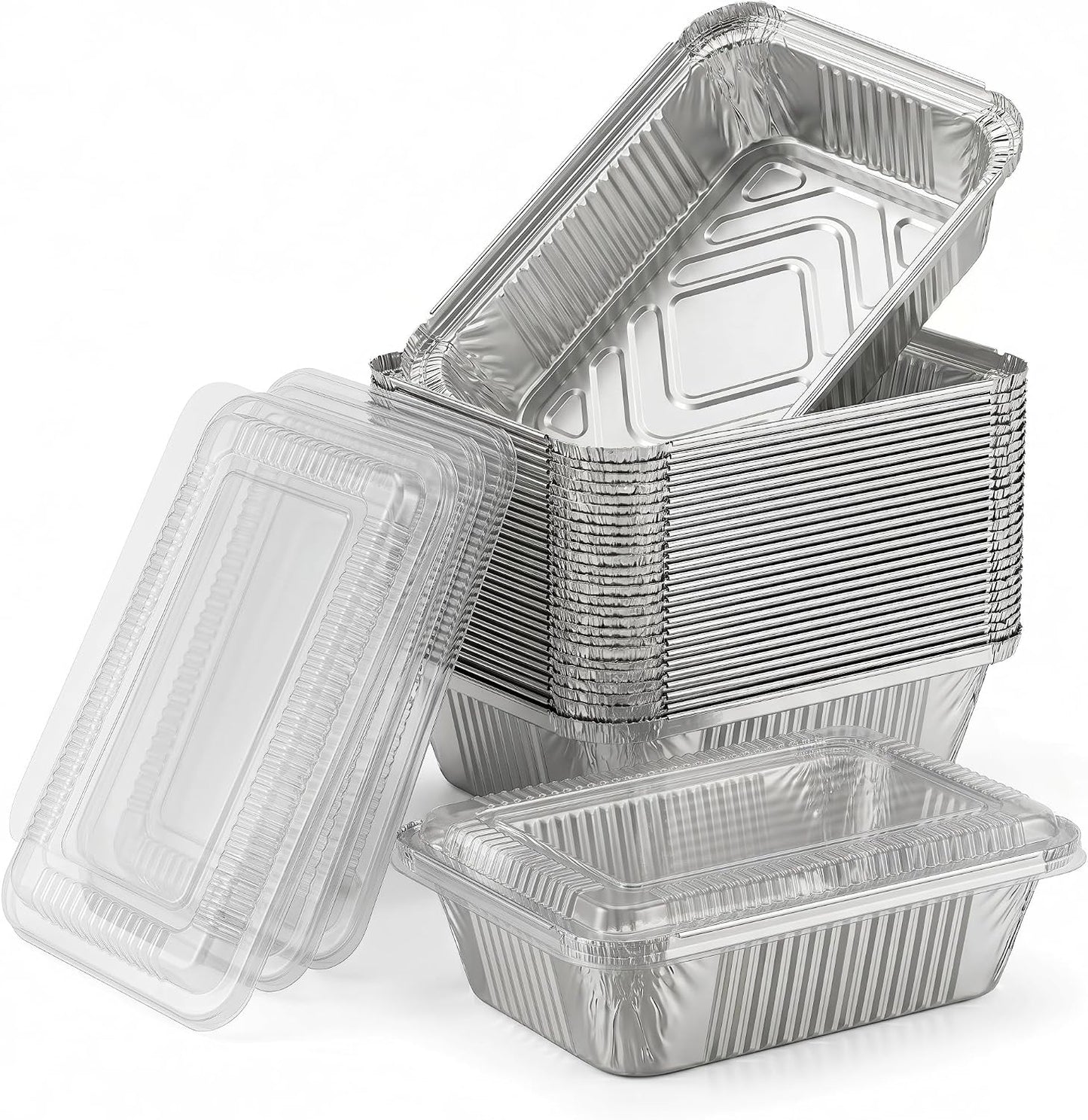50 Pack Aluminum Pans with Cardboard Lids, 8.3"x6.2", 2.25 LB | Heavy duty disposable foil containers, trays for baking, meal prep, roasting, food storage