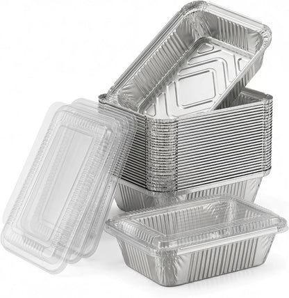 50 Pack Aluminum Pans with Cardboard Lids, 8.3"x6.2", 2.25 LB | Heavy duty disposable foil containers, trays for baking, meal prep, roasting, food storage