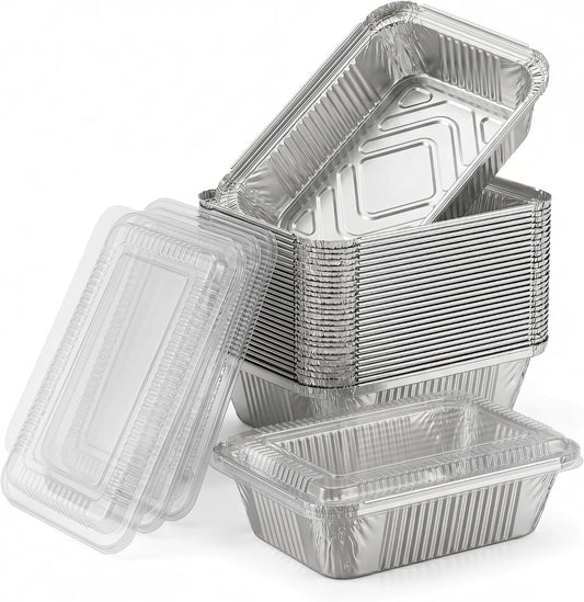 50 Pack Aluminum Pans with Cardboard Lids, 8.3"x6.2", 2.25 LB | Heavy duty disposable foil containers, trays for baking, meal prep, roasting, food storage