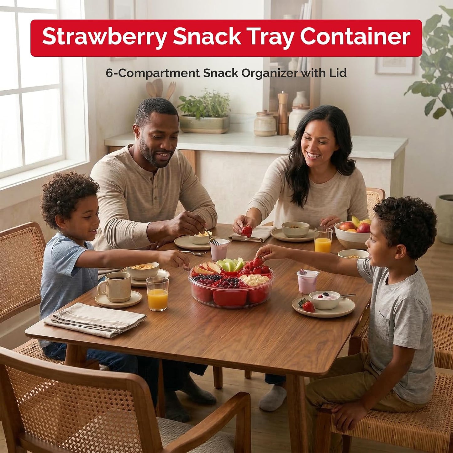 Divided Serving Tray with Lid,Stackable Snackle Box Strawberry Container for Fruits Candy Organizer, Portable Rounded Veggie Tray for Kitchen, Party, Trave and Picnic (Pink)