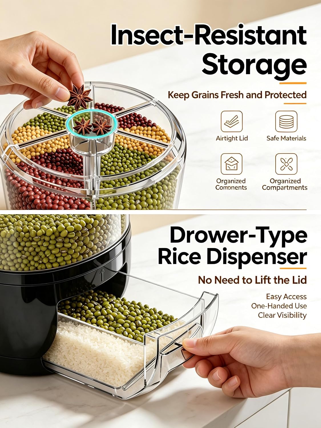 Gagee 11 Lbs Rice Dispenser, Clear | Grain Container Storage, With Lid, Measuring Cylinder, Moisture Proof, Household Cereal Dispenser Bucket