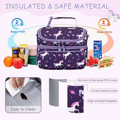 Kasqo Lunch Bag Kids, Dual Compartment Insulated Cooler Bag 7.5L Girls Boys Toddler Lunch Box Containers for Daycare School Kindergarten Travel Ombre Butterfly