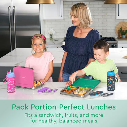 Bentgo Kids Stainless Steel Leak-Resistant Lunch Box - 3-Compartments with Bonus Silicone Container, Durable, Eco-Friendly, Dishwasher Safe, BPA-Free, Ideal for School, Ages 3+ (Silver)