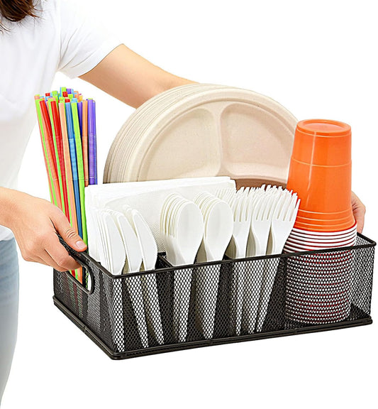 Metal Silverware Caddy for Countertop – 7 Compartment Paper Plate and Utensil Organizer with Side Handles – Cutlery Holder for Party, Buffet, Picnic, or Kitchen Table