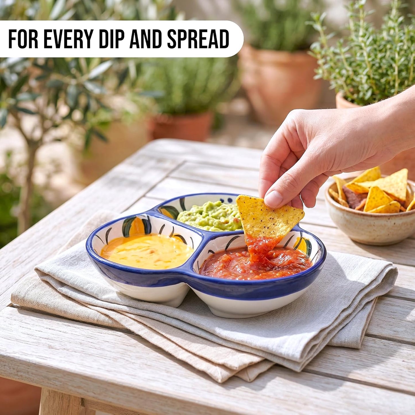 Ceramic Chip & Dip Bowl 7.5”, 3-Compartment Divided Serving Dish & Condiment Tray for Appetizers – Handmade in Spain, Lead-Free Glaze, Microwave, Oven & Dishwasher Safe