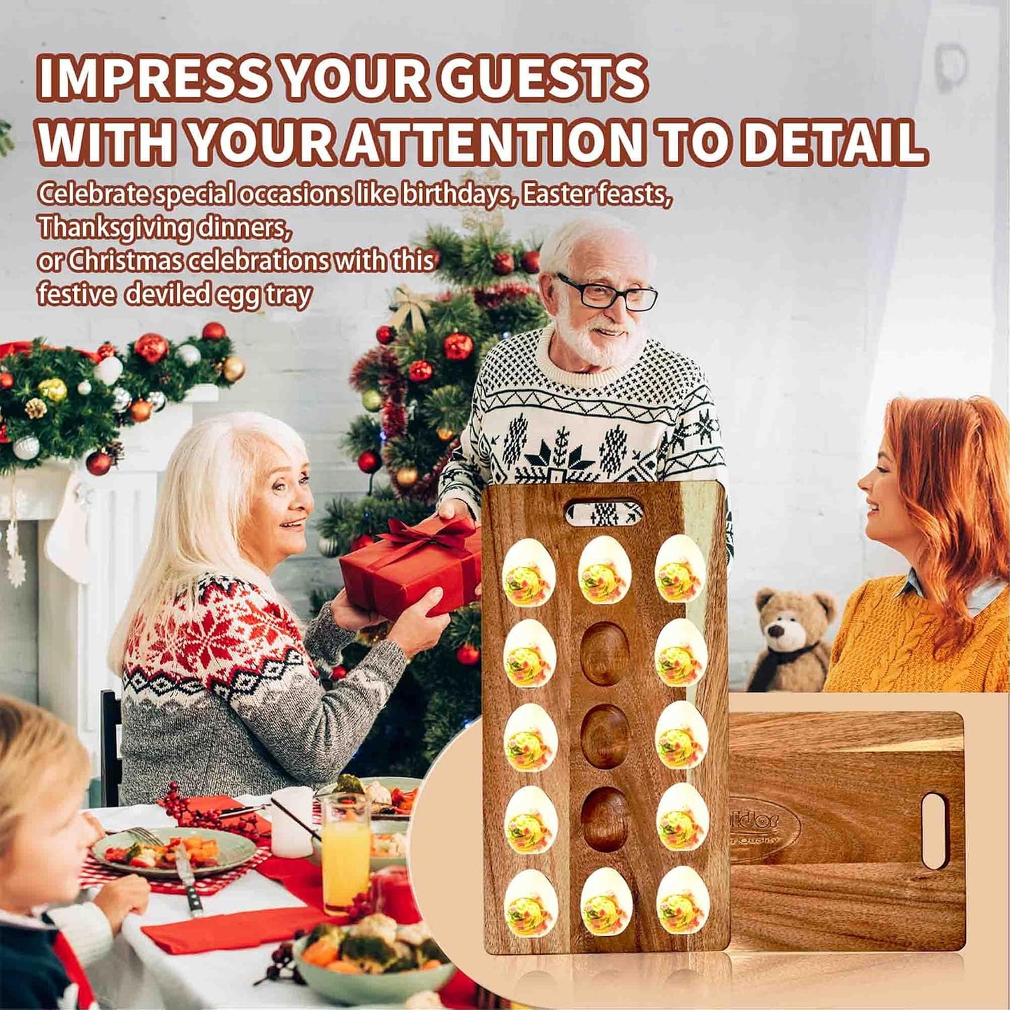 2-Pack 24 Holes Deviled Egg Platter,Acacia Wooden Round Deviled Egg Charcuterie Board Tray Holder Carrier with Handle for Kitchen Countertops
