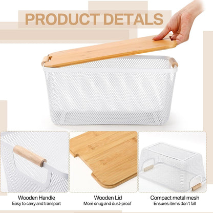 Geelin 4 Pcs Metal Wire Basket with Wooden Handles and Bamboo Lids 12.2 x 8.27 x 5.51 Mesh Steel Basket Stackable Storage Bins Organizer Containers for Vegetables Fruit Home Cabinet Pantry(White)
