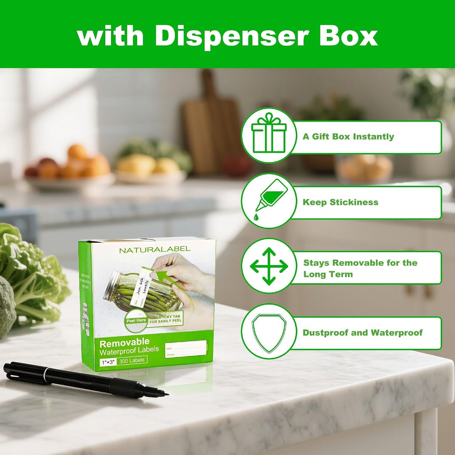 NATURALABEL 300 PCS Removable Freezer Labels with Dispenser - 1" x 3" Food Labels for Meal Prep Containers, Easy Peel-Off Design, No Residue (Green)