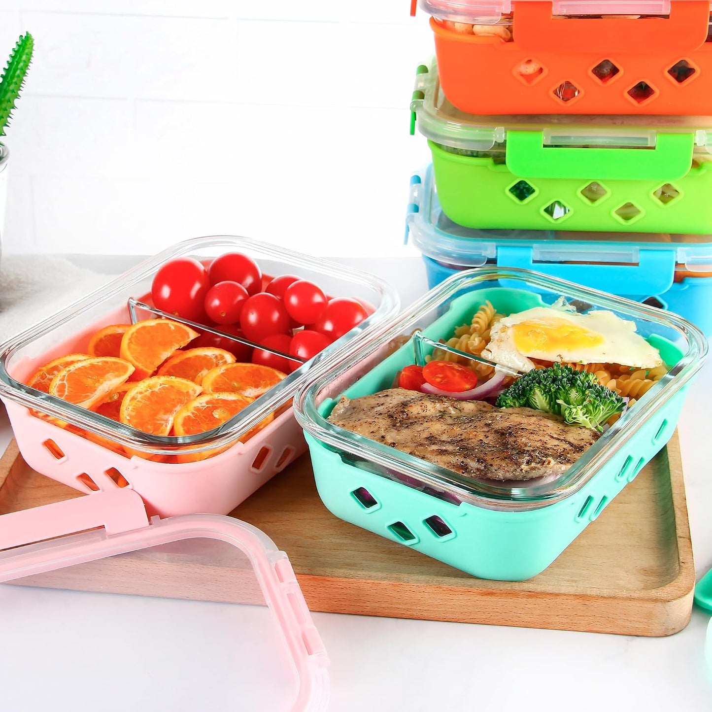 5 Pack Glass Meal Prep Containers 3 Compartment with Lids, Divided Glass Storage Containers with Silicone Sleeve for Lunch, Leak-Proof Portion Control Food Containers, Dishwasher Safe, 34 oz