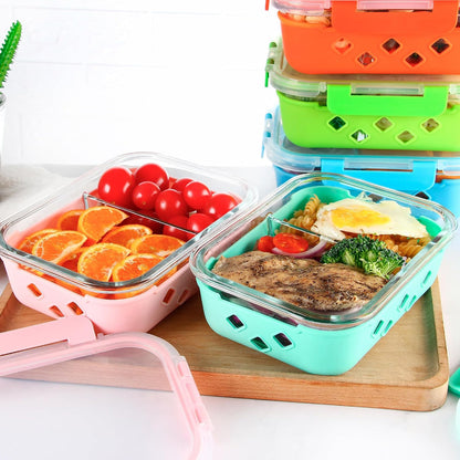5 Pack Glass Meal Prep Containers 3 Compartment with Lids, Divided Glass Storage Containers with Silicone Sleeve for Lunch, Leak-Proof Portion Control Food Containers, Dishwasher Safe, 34 oz