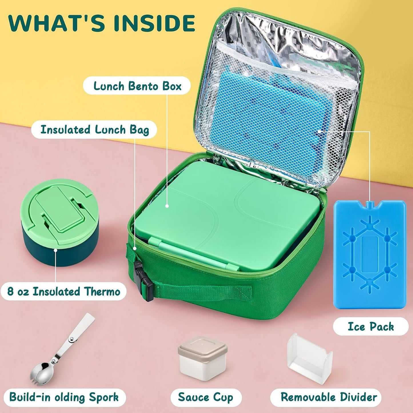 MAXSO Bento Lunch Box Set with 8 oz Soup Thermo, Kids Leakproof 4 Compartments Hot Food Container with Sauce Cup, Ice Pack and Lunch Bag, Child Insulated Food Jar for School - Black