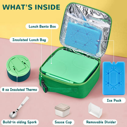 MAXSO Bento Lunch Box Set with 8 oz Soup Thermo, Kids Leakproof 4 Compartments Hot Food Container with Sauce Cup, Ice Pack and Lunch Bag, Child Insulated Food Jar for School - Black