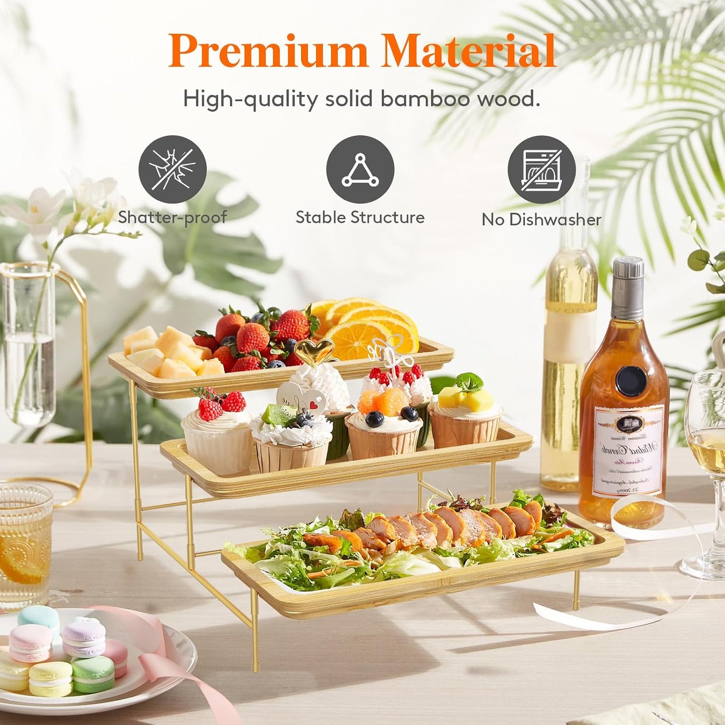 Lifewit 3 Tier Bamboo Serving Tray for Party Supplies, 30 x 17 cm/12" x 6.5" Platters for Serving Food, Reusable Trays with Gold Metal Display Stand for Veggie, Fruit, Cookies, Dessert