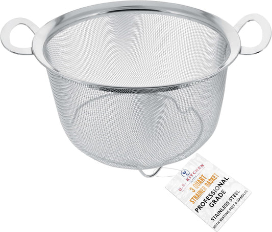 U.S. Kitchen Supply Stainless Steel Colander Strainer Basket - 3-Quart Colander with Resting Feet & Handles - Wide Rim Sieve, Stainless Steel Strainers and Colanders for Kitchen