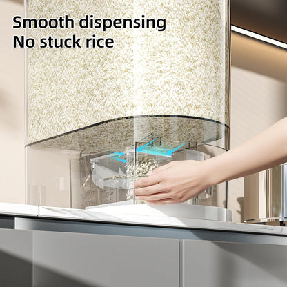 JOYZAN Large Rice Dispenser 22Lbs Clear Rice Storage Container with Measuring Cup and Built-in Fresh Box Cereal Dispenser for Countertop Kitchen Storage
