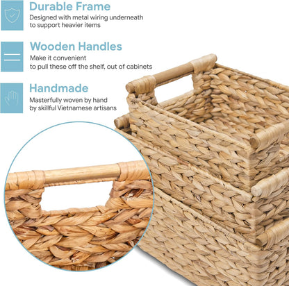 VATIMA Water Hyacinth Storage Baskets with Large Open-Front for Kitchen, Decorative for Living Room, 13.4” x 9.5” x 5.5”, 2 Pack