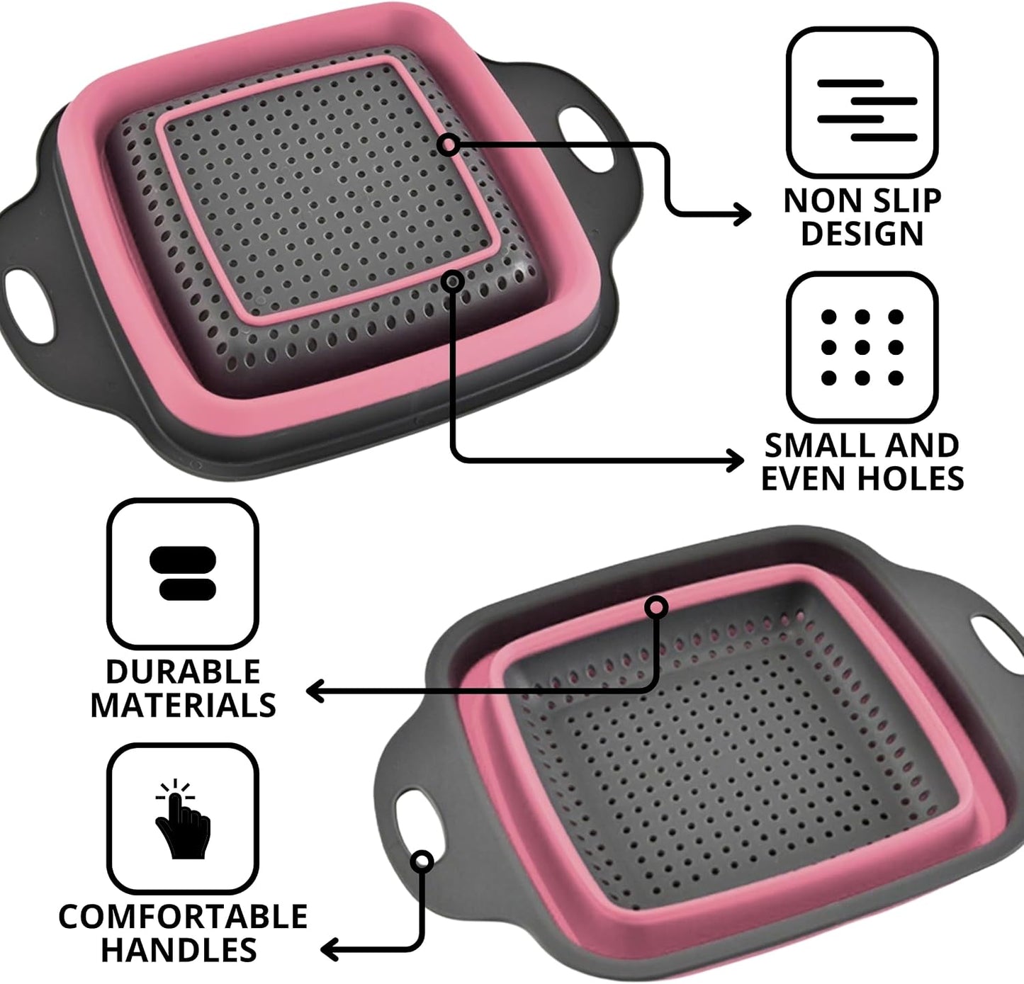 3PCS Green Foldable Kitchen Strainer Set – Silicone Colander Collapsible Strainers and Colanders Green Collander for Kitchen Collapsible Compact Drain Tools for Cooking Prep