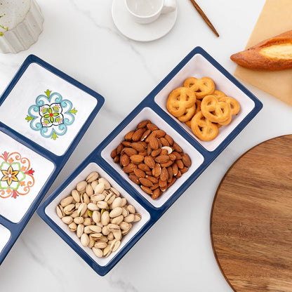 Chip & Dip Serving Tray Set, 4 Sectional Round Melamine Serving Platter, Relish Tray, Round Compartment Appetizer platter for Veggies, Candy and Snacks, Matte Black, Set of 2