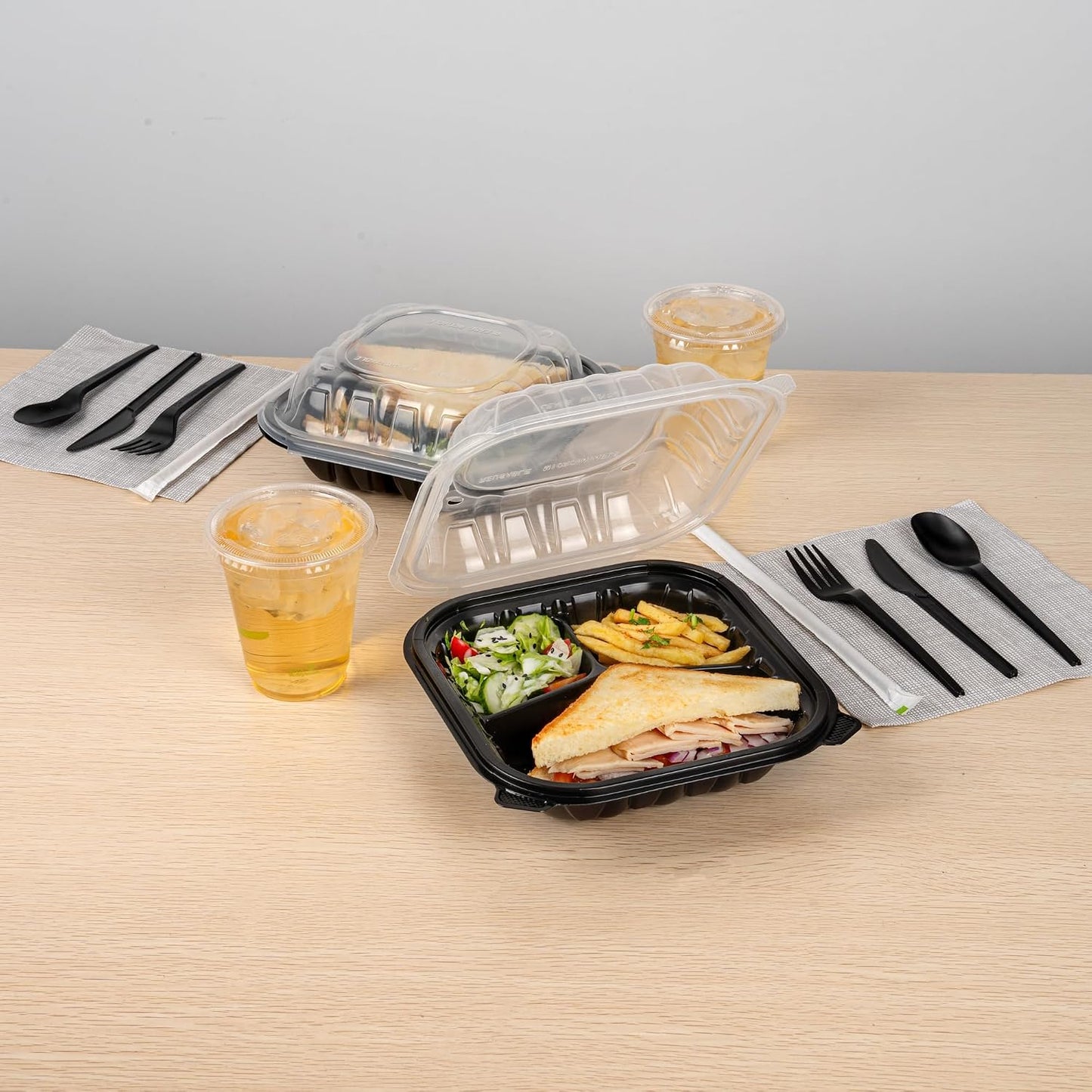 Thermo Tek 40 Ounce Clamshell Containers, 50 Disposable Take Out Boxes - 3 Compartments, Ventilated Lids, Black Plastic Meal Prep Containers, Microwavable, For Pasta Or Salads - Restaurantware