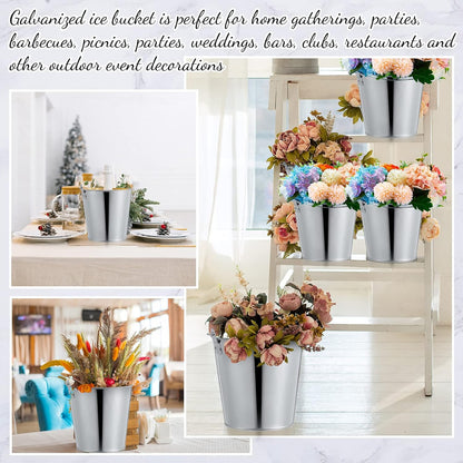 Mumufy 12 Pcs 10l Large Metal Beer Bucket Set, 8 Galvanized Metal Ice Bucket with 2 Ice Shovels and 2 Tongs, Sliver Tin with Handle for Summer Pool Wedding Party Supplies Wine Champagne Bar
