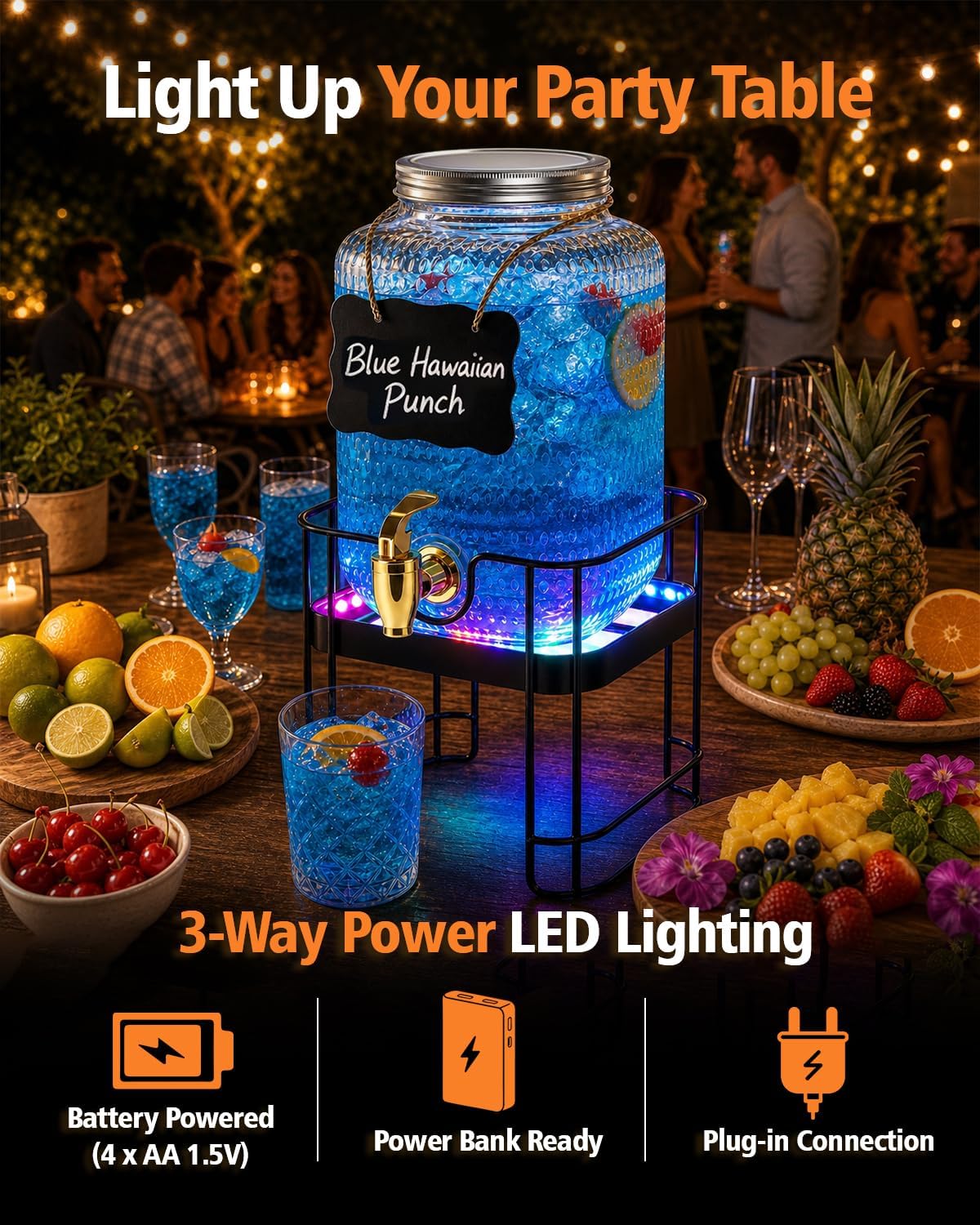 PAROTO Glass Drink Dispensers for Parties, 2 Pack 1 Gallon Each Beverage Dispenser with Stand and LED Strip Light, Juice Lemonade Water Dispenser with Spigot for Wedding, Bar, Picnic, BBQ, Buffet