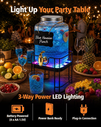 PAROTO Glass Drink Dispensers for Parties, 2 Pack 1 Gallon Each Beverage Dispenser with Stand and LED Strip Light, Juice Lemonade Water Dispenser with Spigot for Wedding, Bar, Picnic, BBQ, Buffet