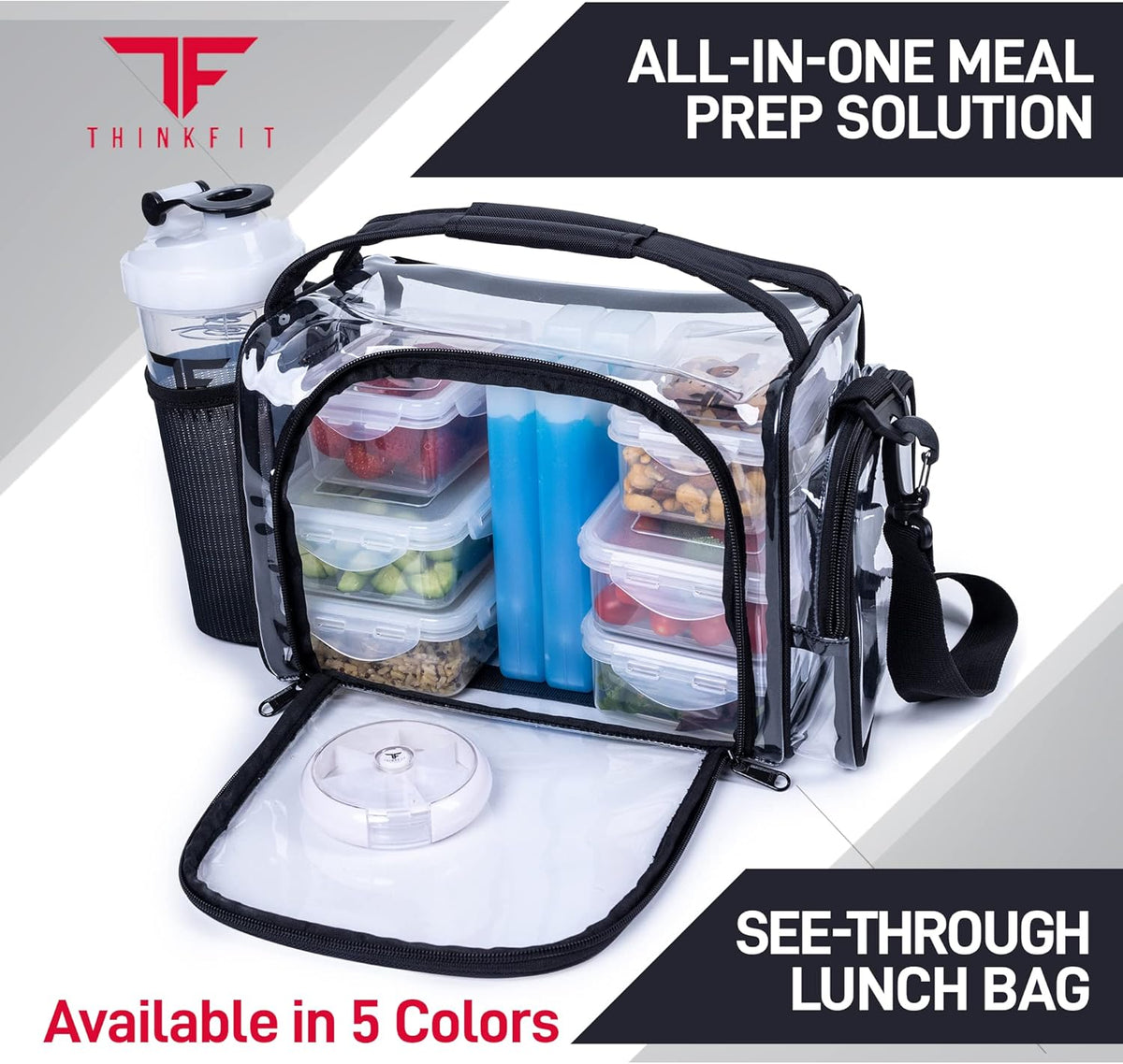 ThinkFit Insulated Meal Prep Lunch Box with 6 BPA-Free, Reusable, Microwavable, Freezer Safe Food Portion-Control Containers, Shaker Cup, Pill Organizer, Lunch Bag with Storage Pocket - (Black)
