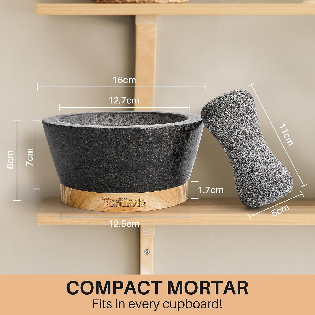 Tortillada – 6-inch Mortar and Pestle Set Large Made of Natural Granite with Anti-Scratch Wood Base Granite Spice Herb Grinder Pill Crusher with 50 Recipes, Black