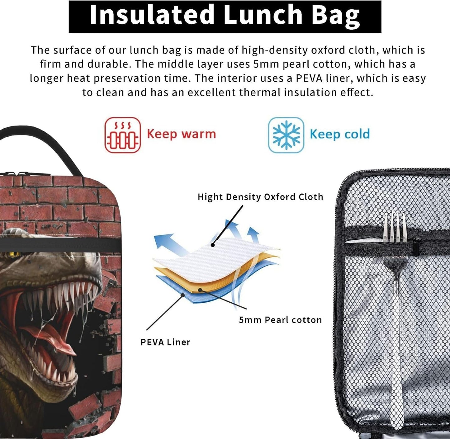 Black Cat Reusable Lunch Box Food Bag Insulated Lunch Bag for Teenage Boys Girls School Beach