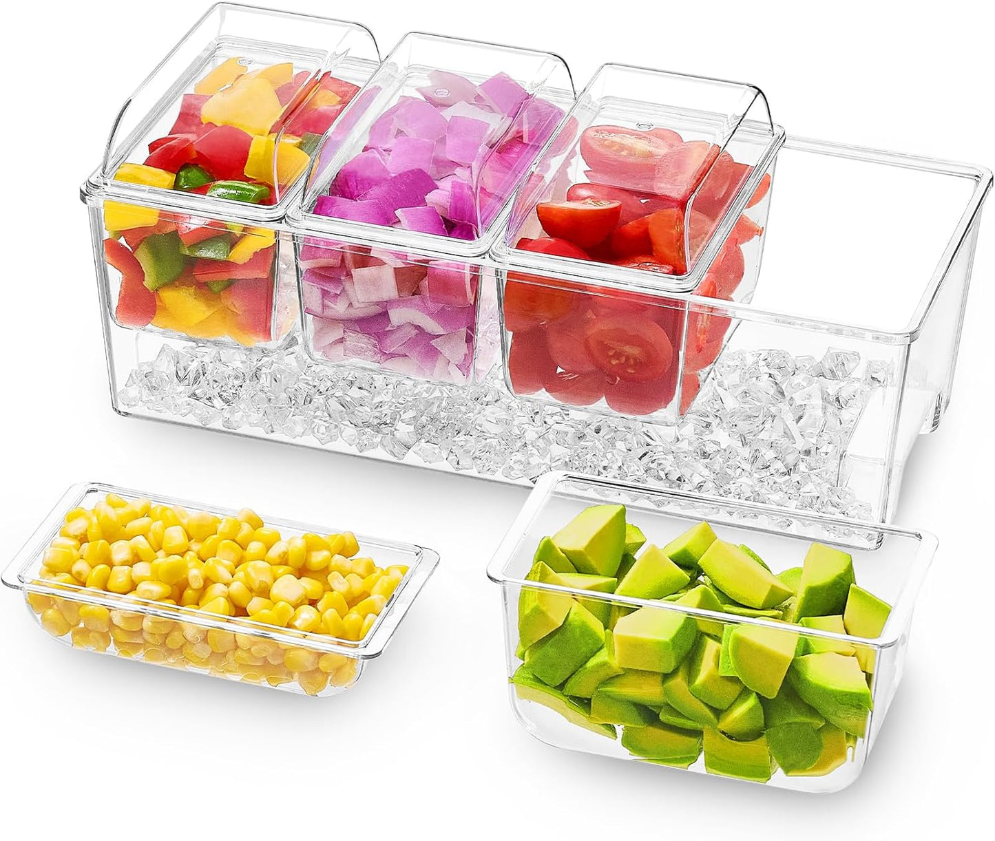 Lifewit Taco Bar Serving Set for Party with 5 x 20 oz Containers & Components, Ice Chilled Condiment Caddy Organizer, Garnish Serving Tray Platter for Mimosa Bar Accessories, Fruit, Salad, Food