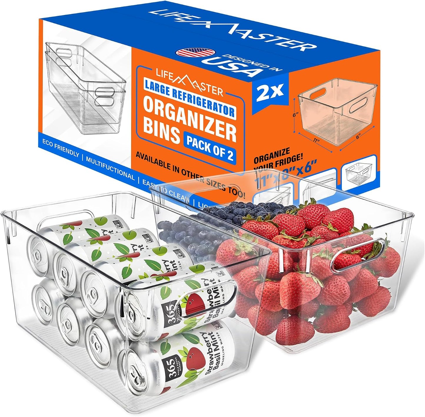 Lifemaster Stackable Refrigerator Bins - Set of 6 Large Capacity Organizers with Easy Grip Handles - Clear and Versatile for Kitchen Storage