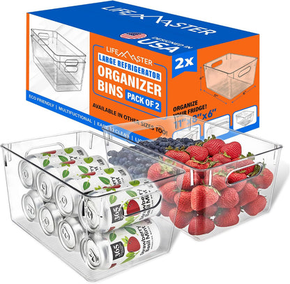 Lifemaster Stackable Refrigerator Bins - Set of 6 Large Capacity Organizers with Easy Grip Handles - Clear and Versatile for Kitchen Storage