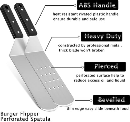 Metal Spatula Set, HaSteeL Stainless Steel Griddle Spatula Tools Kit with Wooden Handle, Heavy Duty Long Pancake Flipper Burger Turner for BBQ Teppanyaki Flat Top Grilling Cooking Outdoor & Indoor
