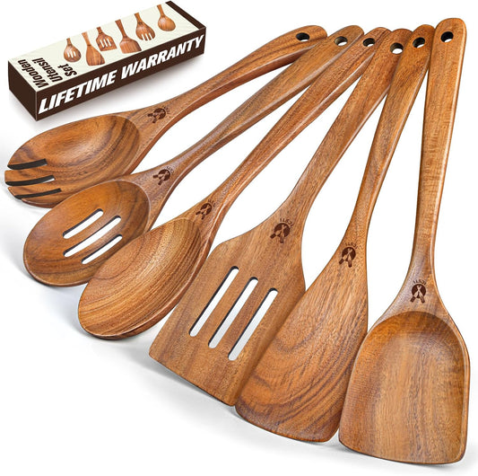Wooden Spoons for Cooking, Natural Teak Wooden Kitchen Utensils Set, Cooking Utensils Set with Long & Comfort Grip, Wooden Spoons Spatula Set Perfect for Non-Stick Cookware