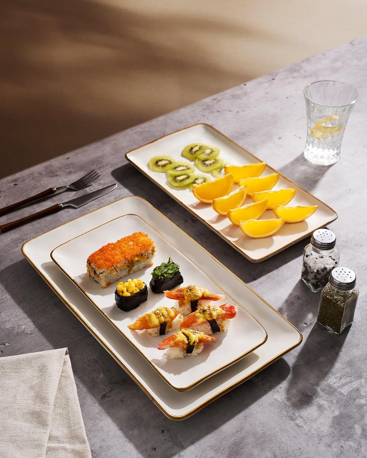 Famiware Serving Platter, Rectangular 15.67/14.1/12.6inch Serving Dishes for Entertaining, Microwave Dishwasher Safe, Stoneware Serving Trays for Party, Turkey, Cheese, Ocean Series, Cappuccino White