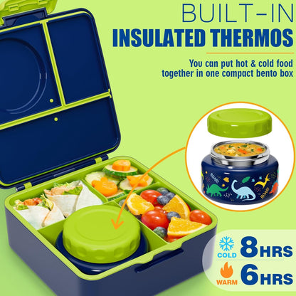 Fimibuke Kids Bento Lunch Box with Thermo, Leakproof Toddler Bento Box with 8.5 OZ Insulated Food Jar, Lunch Bag, Kids Water Bottle, 3 or 4 Compartment Container for Back to School Toddler Girls Boys