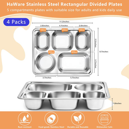 HaWare Toddler Stainless Steel Divided Plates Tray with 5-Compartment, Kids Adults Control Dinner Plates for Lunch Camping Dinner, Stackable Reusable Serving Platter, 2-Pack