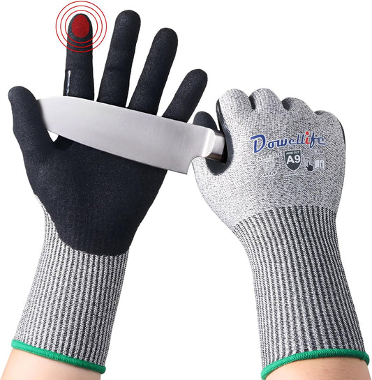 Dowellife Beyond-Palm A9 Cut Resistant Work Gloves - Extended Wrist Protection, Sandy Nitrile Grip, Breathable, Touchscreen, Heavy Duty for Gardening, Fishing, Construction, Wood Carving (Medium)