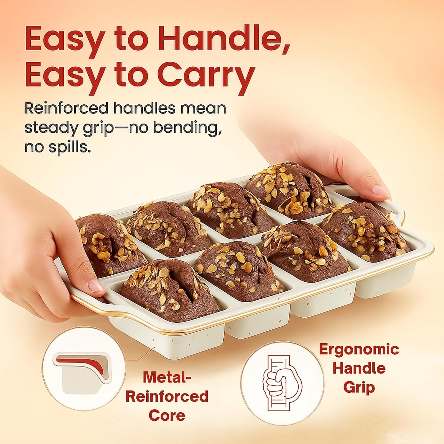 2-Pack Silicone Muffin Pan Set – Regular 12 Cup & Mini 24-Cup Silicone Muffin Pans for Baking – Nonstick Silicone Cupcake Pan with Metal-Reinforced Handles – BPA-Free, Dishwasher-Safe, Cream