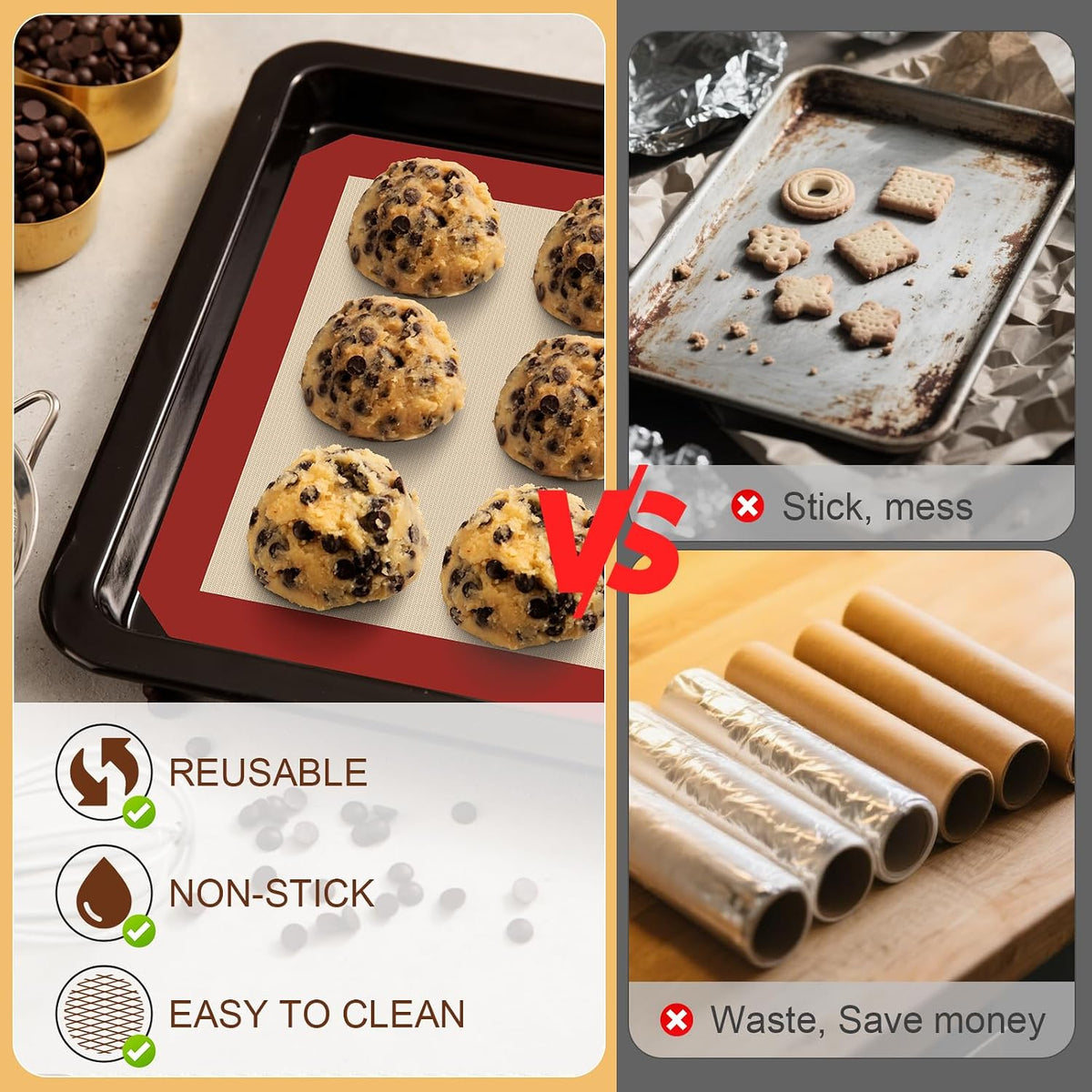 HOTEC Silicone Baking Mats 3 Pack – Non-Stick Reusable Silicone Baking Sheets for Oven – Cookie & Macaron Mats – 2 Half Sheet + 1 Quarter Sheet – BPA-Free, Dishwasher Safe