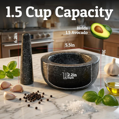 Priority Chef Heavy Duty Large 1.5 Cup Mortar and Pestle Set, 100% Natural Granite, 5.5 Inch Diameter Bowl, 6.2 Inch Pestle, Non-Slip Base, Stone Grinder for Guacamole Salsa Pesto Herbs Spices, Black