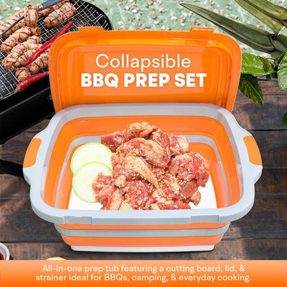 2-Pack XL Collapsible BBQ Prep Tub with Built-in Cutting Board, Lid & Strainer – Multipurpose Meal Prep Container for Outdoor Cooking, BBQ Parties, Kitchen & Travel Use (Black)