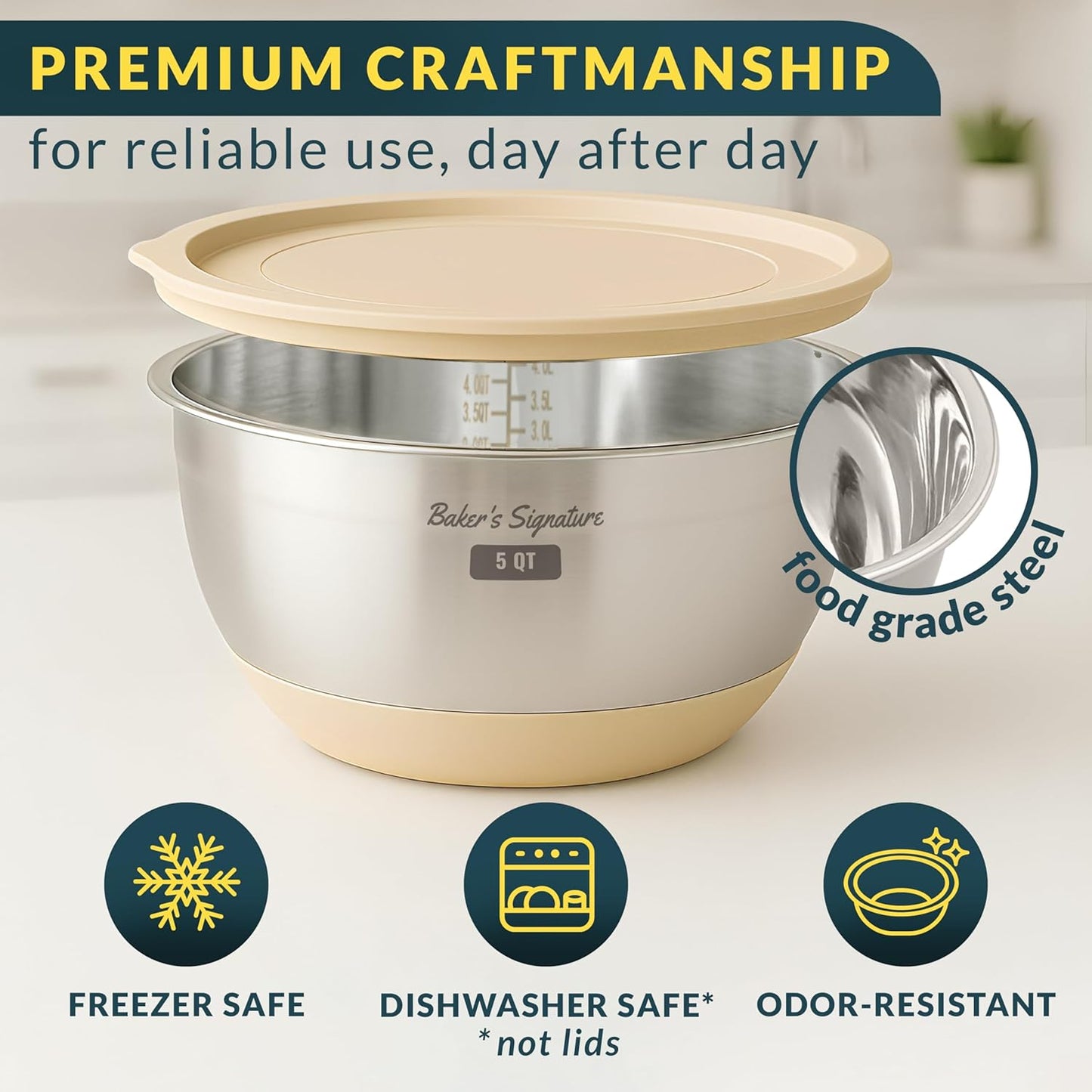 Baker's Signature Stainless Steel Mixing Bowls with Lids Set, 5 Sizes, 3 Graters, Non-Slip Base, Airtight Lids, Metal Mixing Bowls for Kitchen, Food Prep, Storage, 0.63QT-5QT, Black
