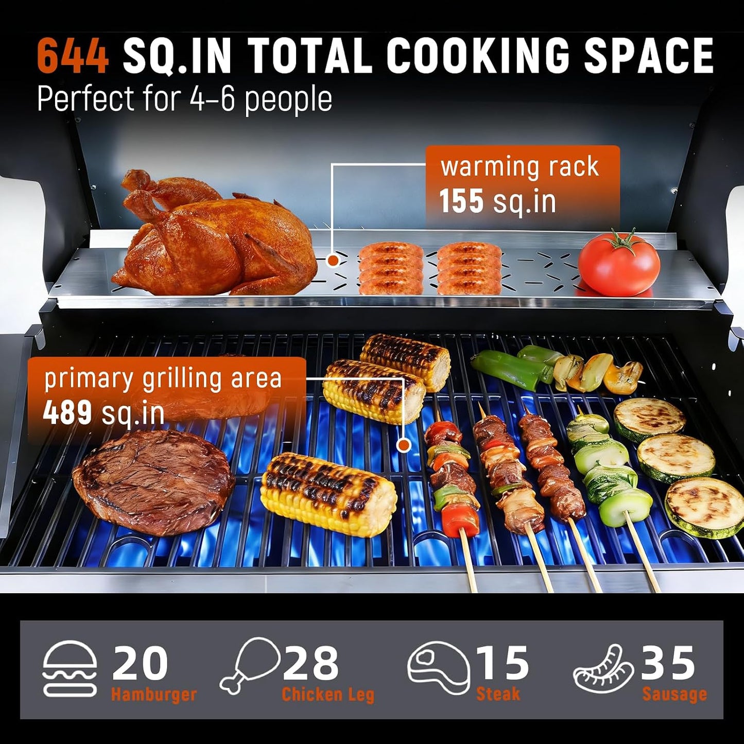 Redlife 3 Burner Propane Gas Grill, 30,000 BTU Outdoor BBQ Grill with Cast Iron Cooking Grates, Stainless Steel Warming Rack, Built-in Thermometer, Side Shelves, Removable Grease Tray, Yellow