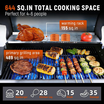 Redlife 3 Burner Propane Gas Grill, 30,000 BTU Outdoor BBQ Grill with Cast Iron Cooking Grates, Stainless Steel Warming Rack, Built-in Thermometer, Side Shelves, Removable Grease Tray, Yellow