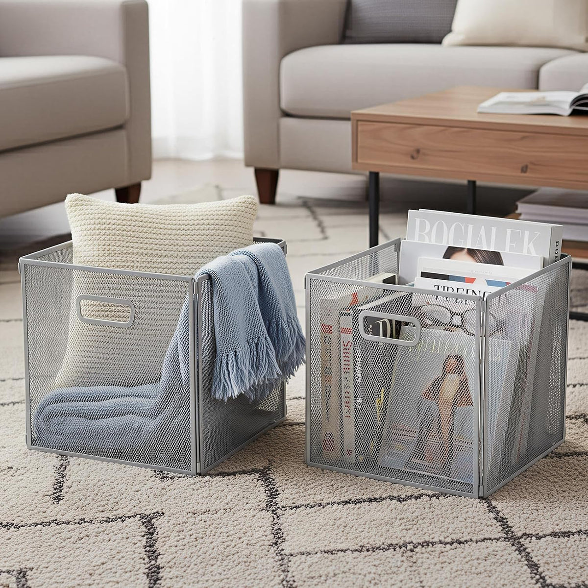 Funnymoom 2 Pcs Foldable Metal Wire Basket 13 x 13 Inch Black Cube Storage Bins Stackable Wire Laundry Baskets Organizer with Handle for Shelves Pantry Cabinet File Graduation Gift