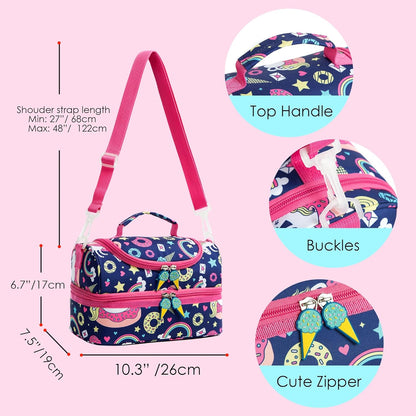 Insulated Kids Dual Compartment Lunch Bags Tote for Girls Boys Toddler School Picnic Food Cooler Thermal with Strap Lunch Boxes Blue Unicorn
